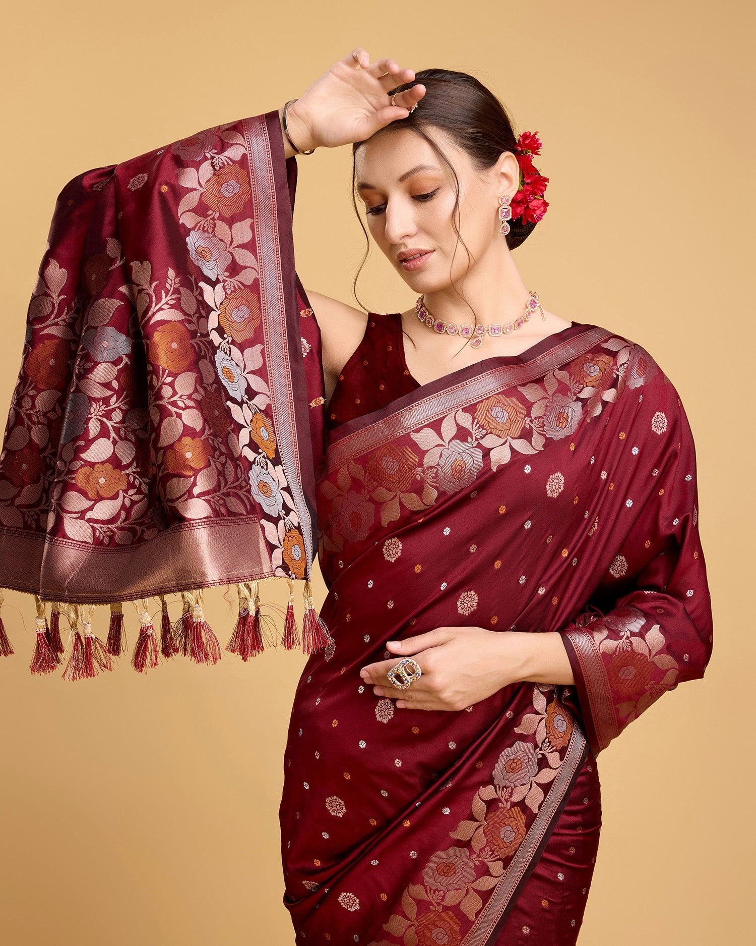 Vedant Vastram Soft Litchi Silk Banarasi Silk Saree - Maroon | Grocsy