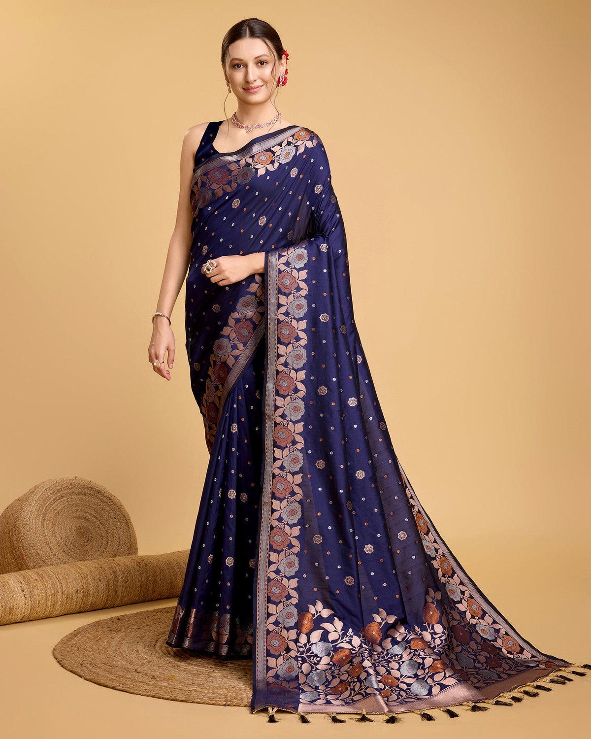 Vedant Vastram Soft Litchi Silk Banarasi Silk Saree - Navy | Grocsy