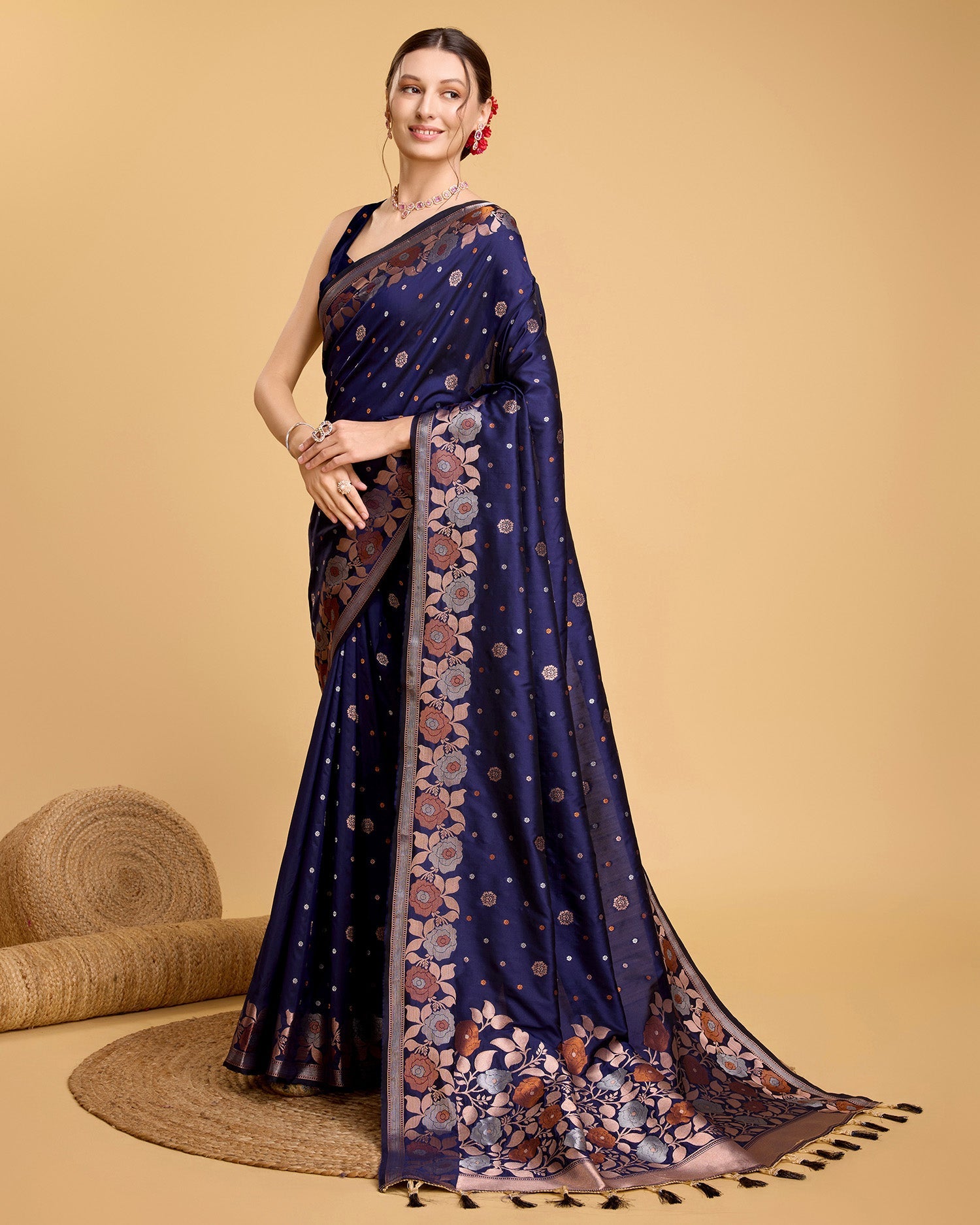 Vedant Vastram Soft Litchi Silk Banarasi Silk Saree - Navy | Grocsy
