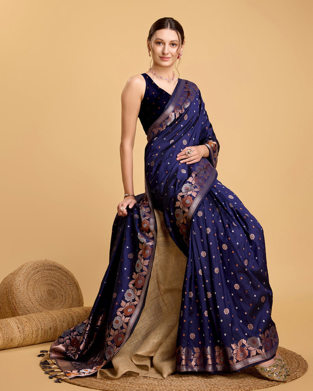 Vedant Vastram Soft Litchi Silk Banarasi Silk Saree - Navy | Grocsy