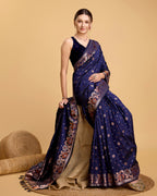 Vedant Vastram Soft Litchi Silk Banarasi Silk Saree - Navy | Grocsy