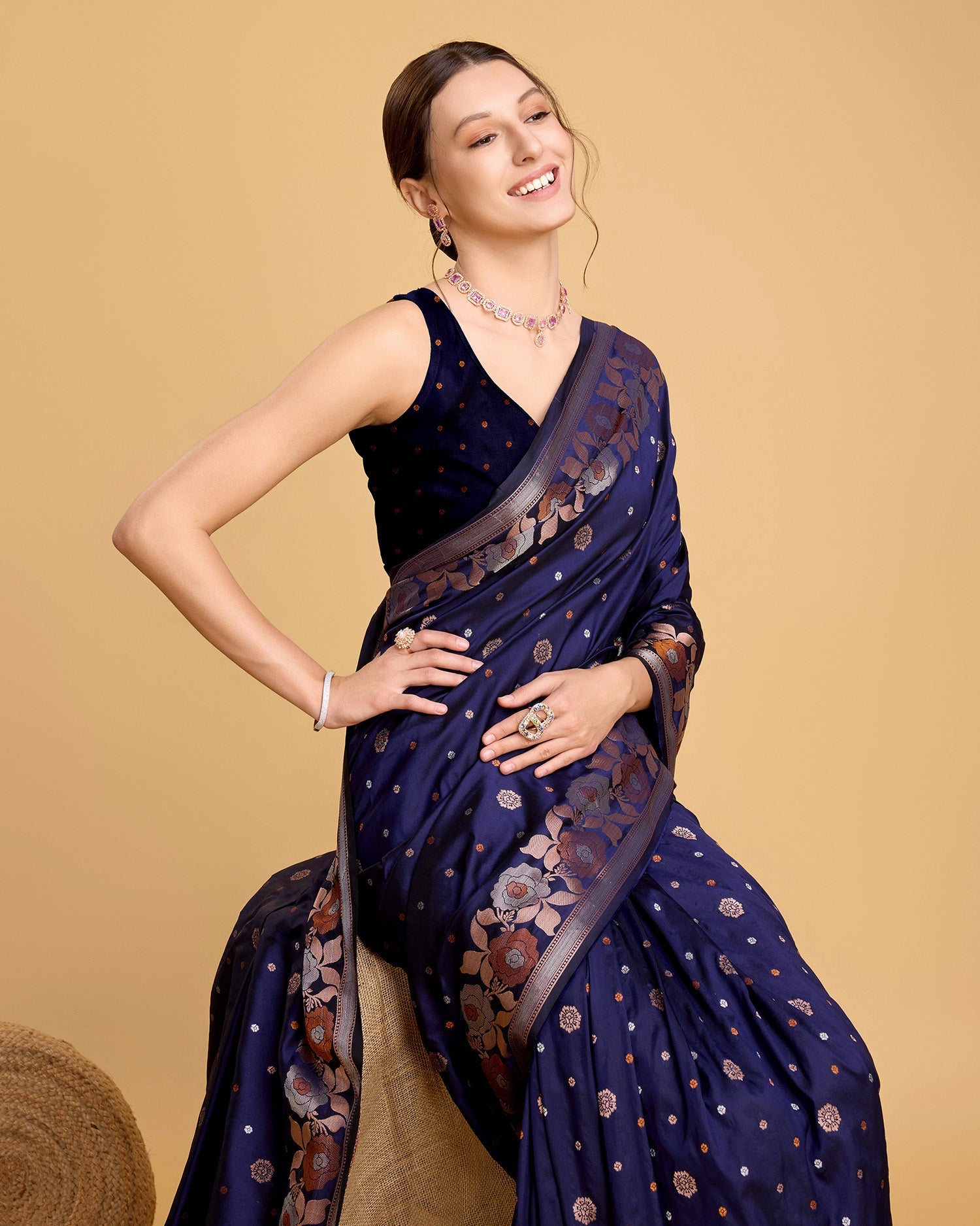 Vedant Vastram Soft Litchi Silk Banarasi Silk Saree - Navy | Grocsy