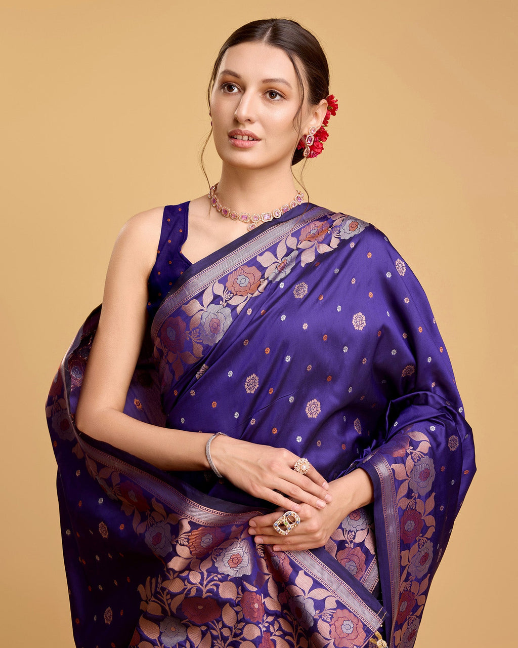 Vedant Vastram Soft Litchi Silk Banarasi Silk Saree - Violet | Grocsy