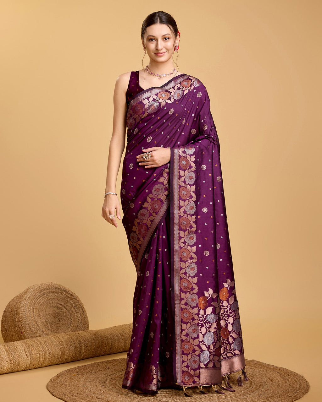 Vedant Vastram Soft Litchi Silk Banarasi Silk Saree - Wine | Grocsy
