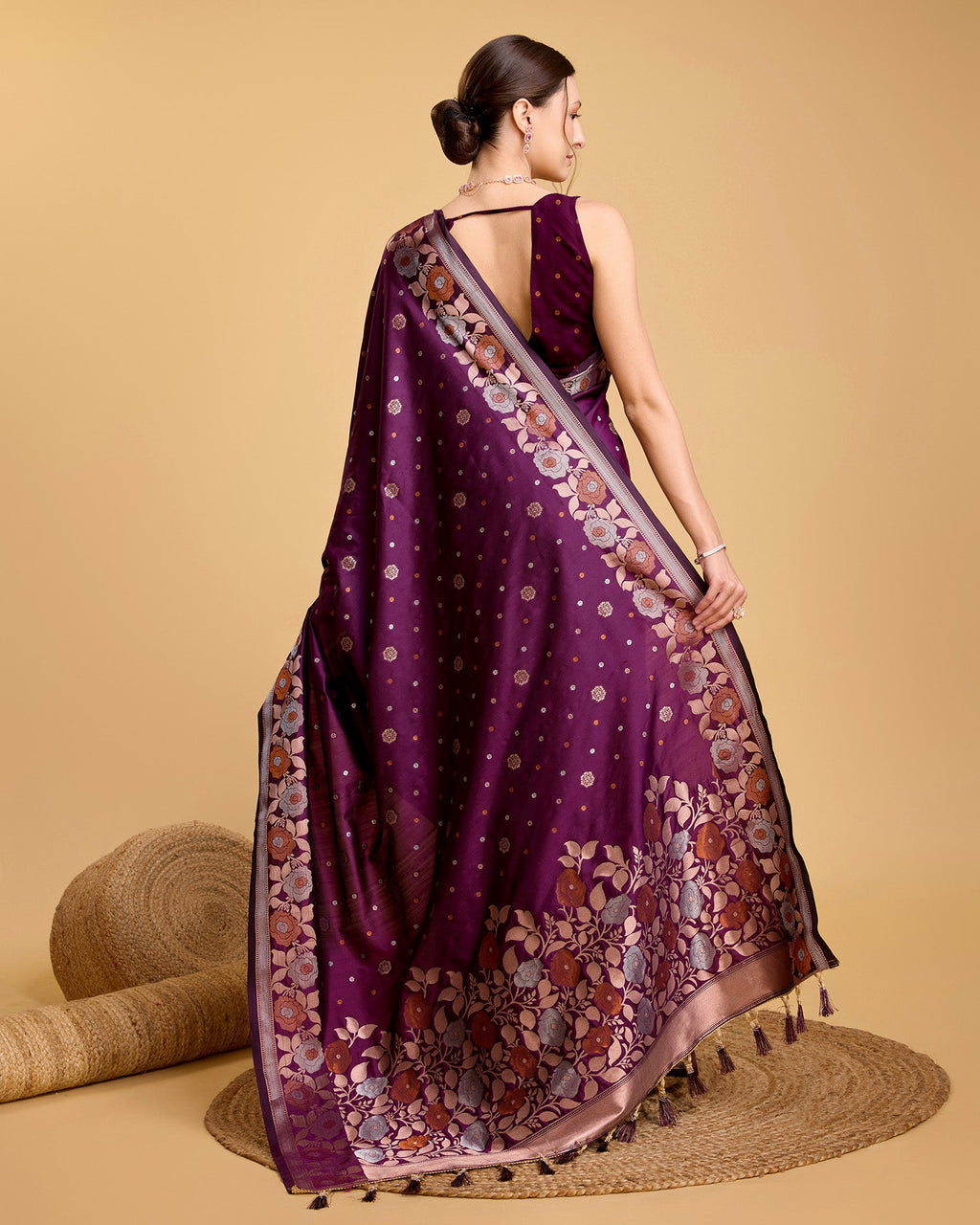 Vedant Vastram Soft Litchi Silk Banarasi Silk Saree - Wine | Grocsy