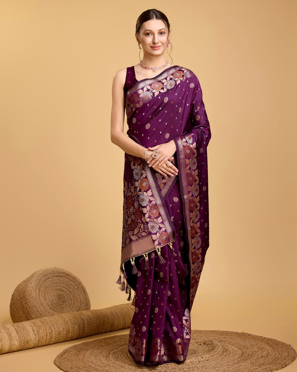 Vedant Vastram Soft Litchi Silk Banarasi Silk Saree - Wine | Grocsy