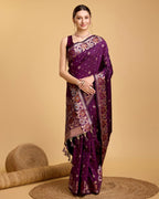 Vedant Vastram Soft Litchi Silk Banarasi Silk Saree - Wine | Grocsy