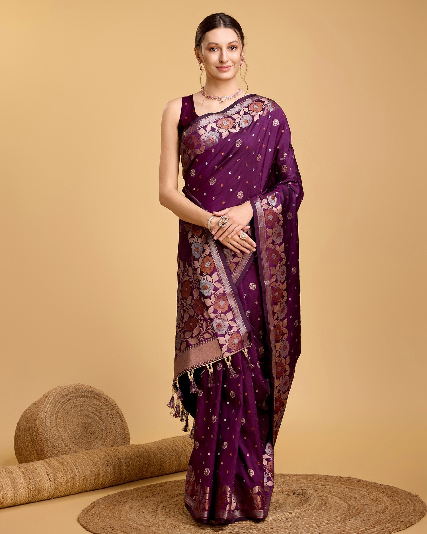 Vedant Vastram Soft Litchi Silk Banarasi Silk Saree - Wine | Grocsy