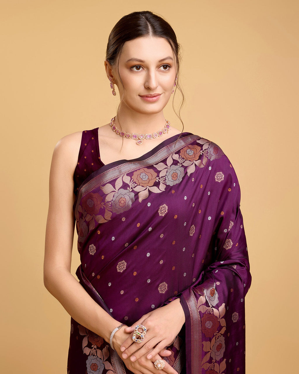 Vedant Vastram Soft Litchi Silk Banarasi Silk Saree - Wine | Grocsy