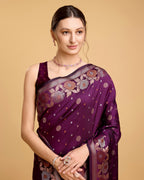 Vedant Vastram Soft Litchi Silk Banarasi Silk Saree - Wine | Grocsy