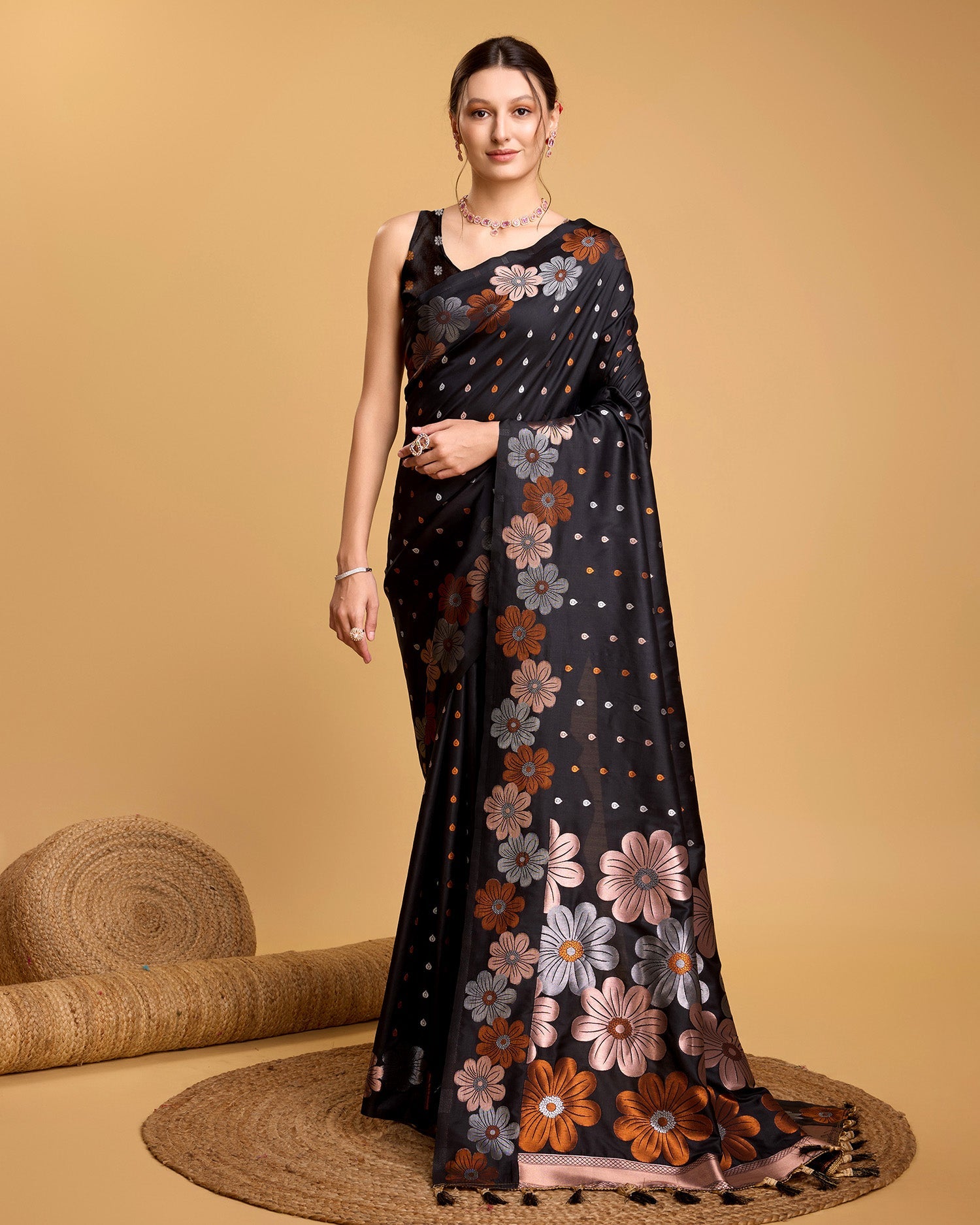 Vedant Vastram Soft Litchi Silk Banarasi Silk Saree - Black | Grocsy