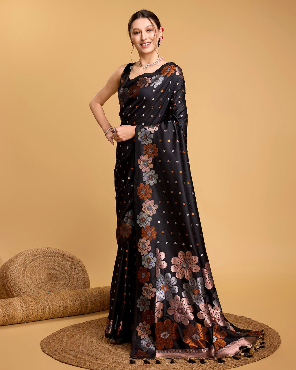 Vedant Vastram Soft Litchi Silk Banarasi Silk Saree - Black | Grocsy