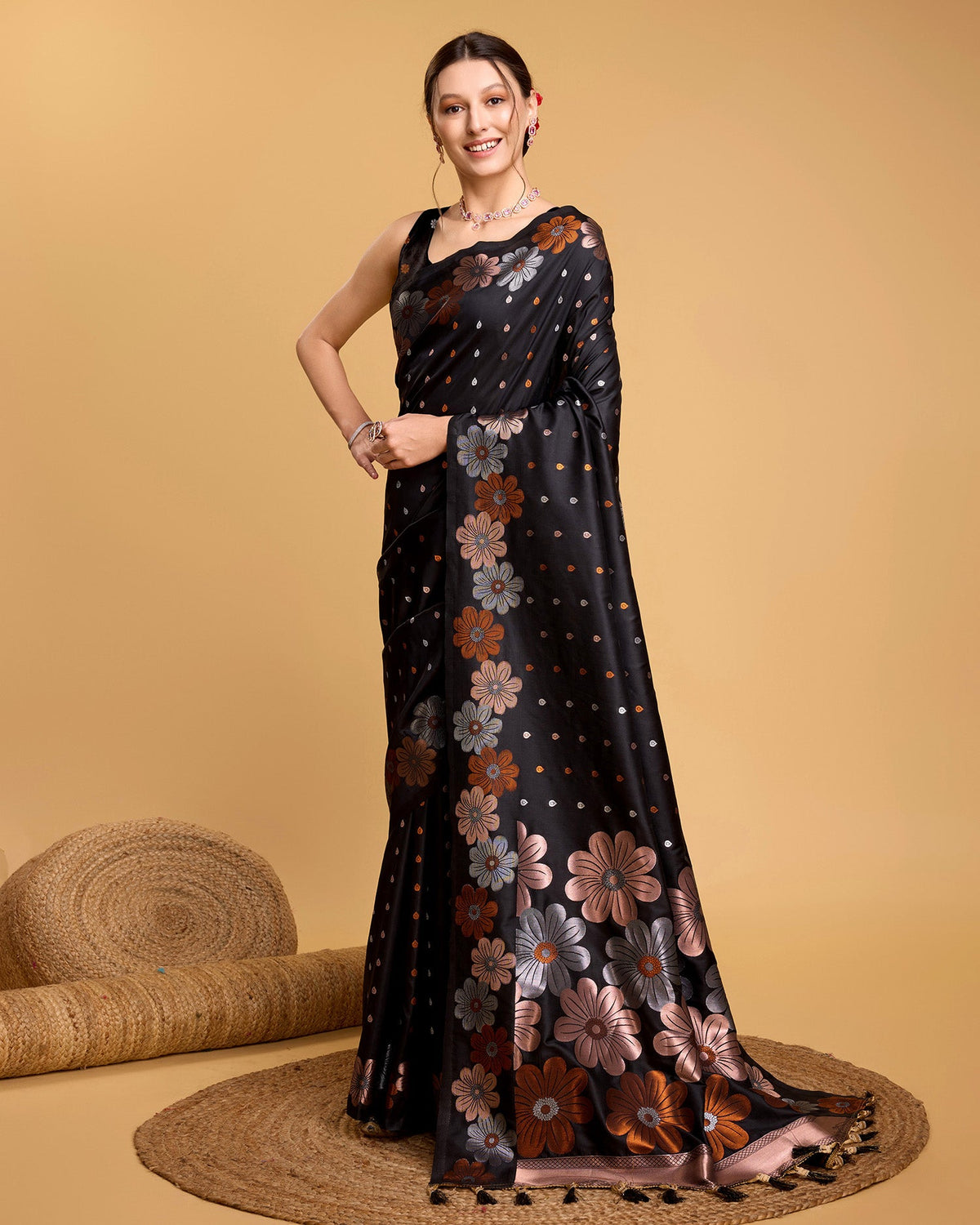 Vedant Vastram Soft Litchi Silk Banarasi Silk Saree - Black | Grocsy