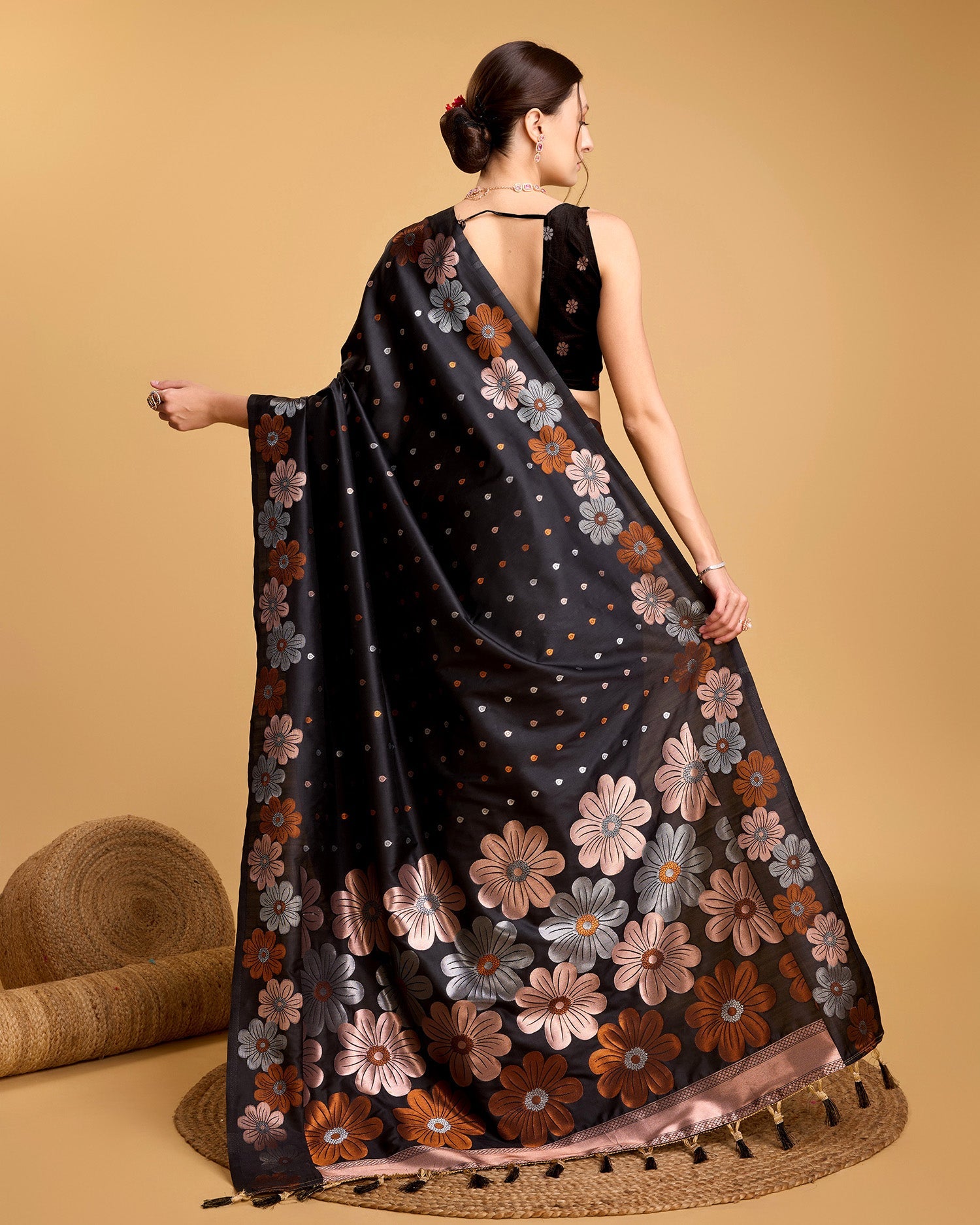 Vedant Vastram Soft Litchi Silk Banarasi Silk Saree - Black | Grocsy