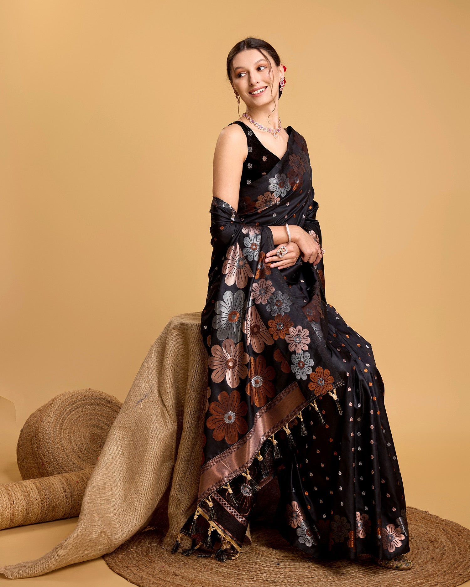 Vedant Vastram Soft Litchi Silk Banarasi Silk Saree - Black | Grocsy