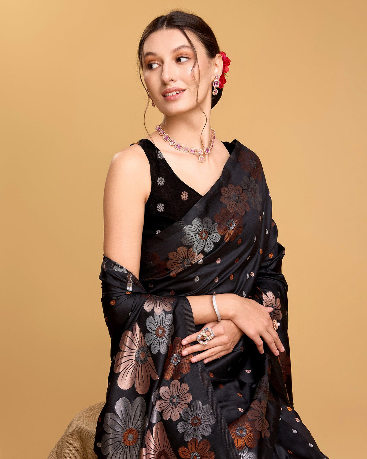 Vedant Vastram Soft Litchi Silk Banarasi Silk Saree - Black | Grocsy