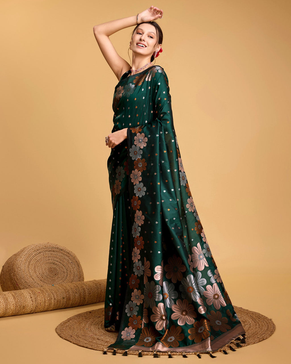 Vedant Vastram Soft Litchi Silk Banarasi Silk Saree - Green | Grocsy