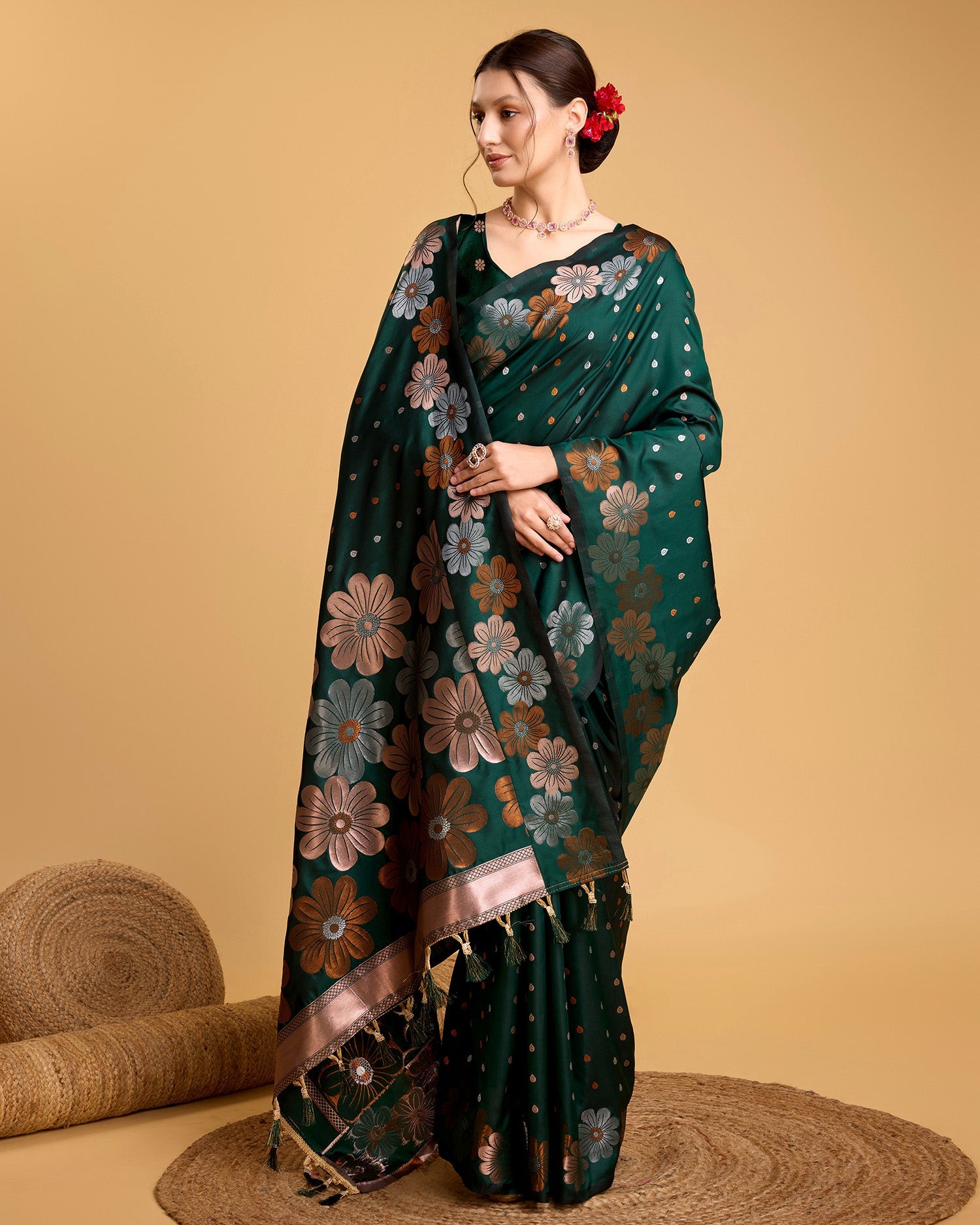 Vedant Vastram Soft Litchi Silk Banarasi Silk Saree - Green | Grocsy