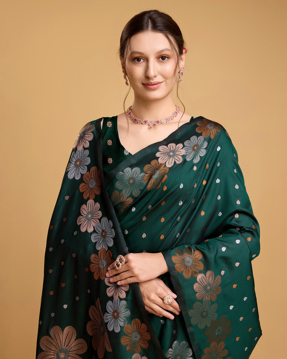 Vedant Vastram Soft Litchi Silk Banarasi Silk Saree - Green | Grocsy