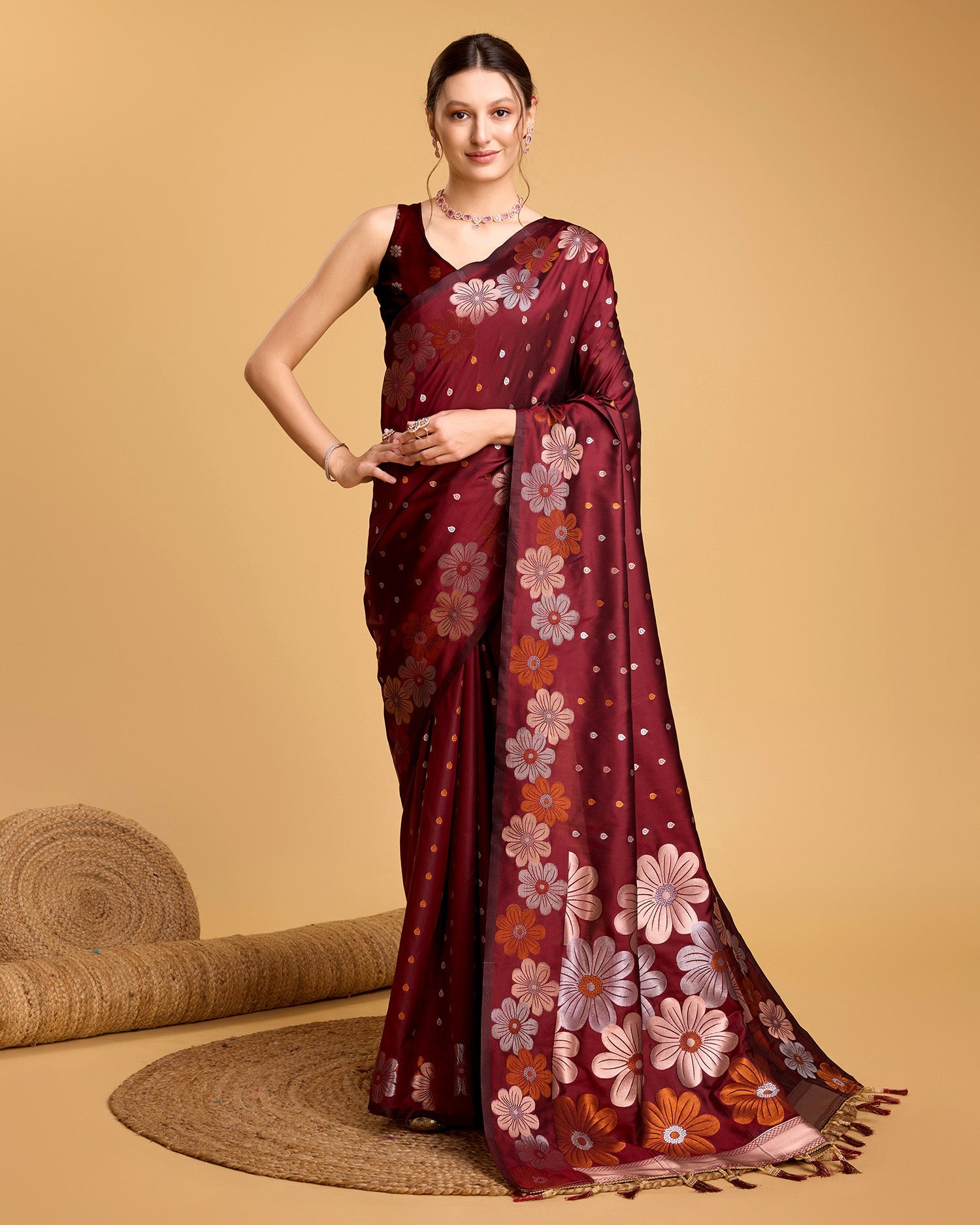 Vedant Vastram Soft Litchi Silk Banarasi Silk Saree - Maroon | Grocsy