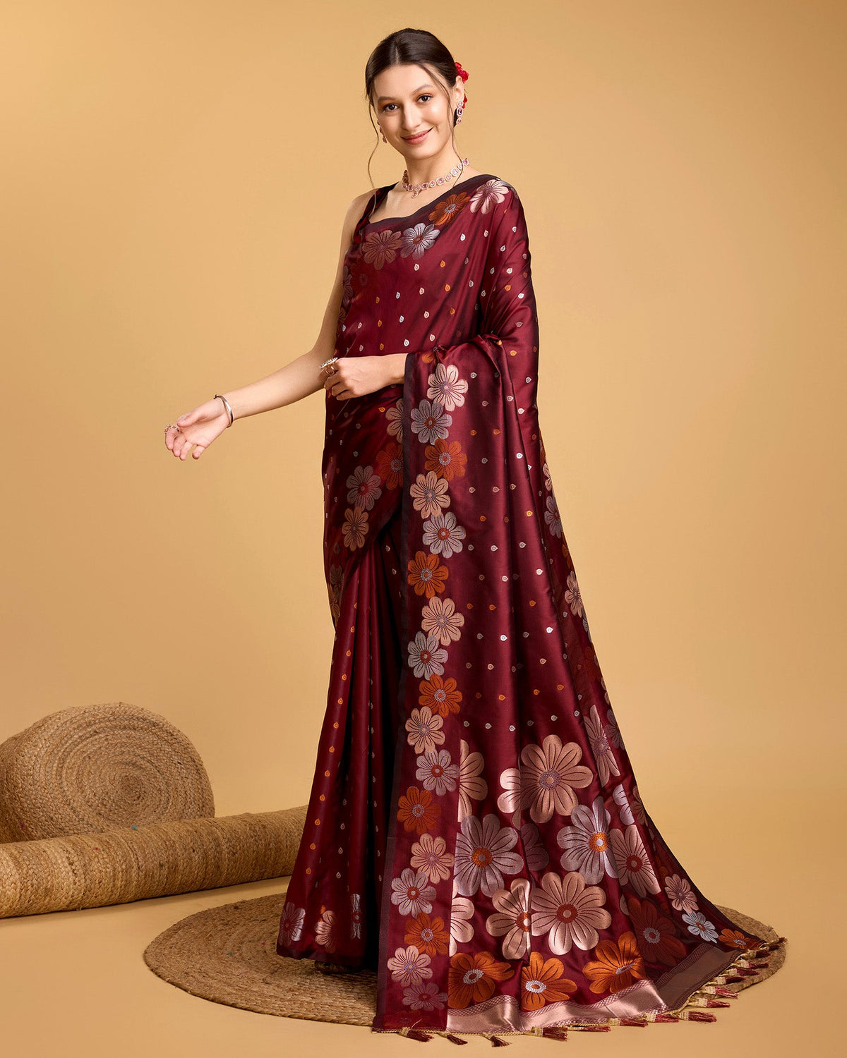 Vedant Vastram Soft Litchi Silk Banarasi Silk Saree - Maroon | Grocsy
