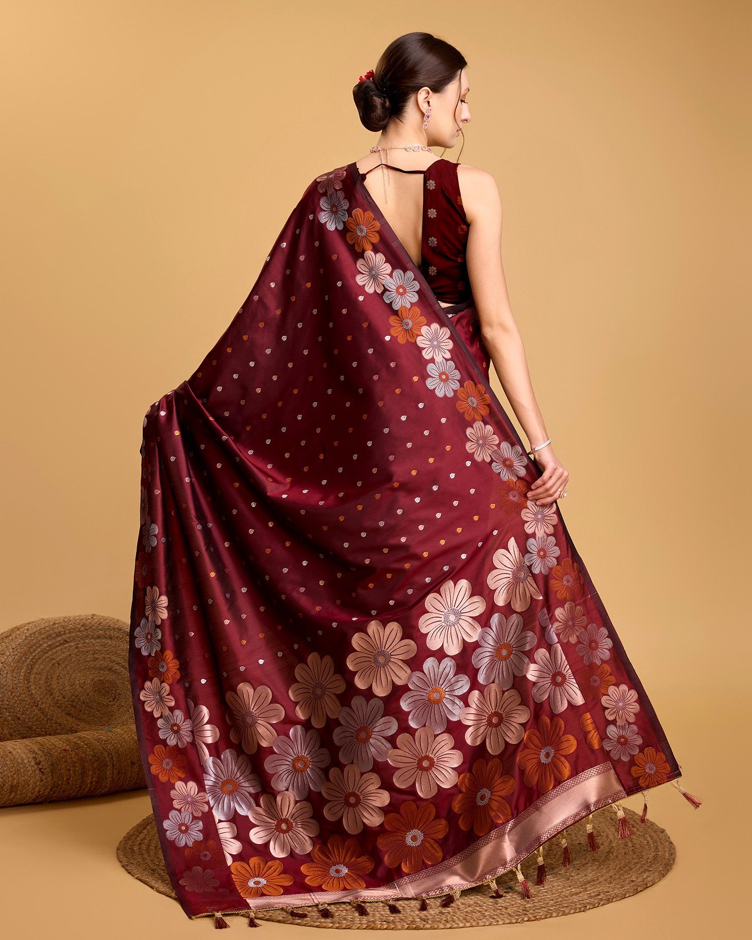 Vedant Vastram Soft Litchi Silk Banarasi Silk Saree - Maroon | Grocsy