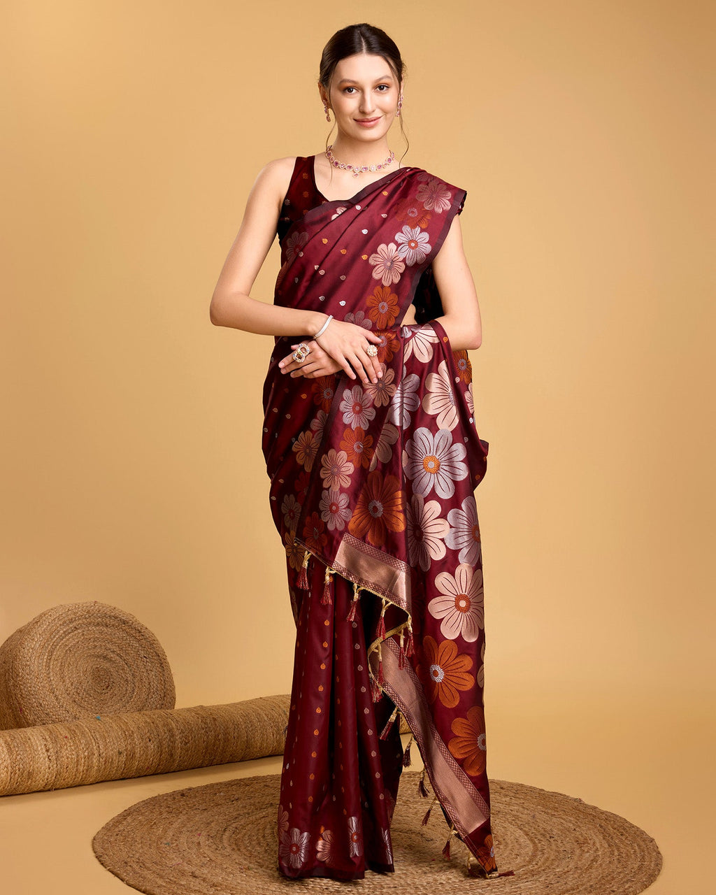 Vedant Vastram Soft Litchi Silk Banarasi Silk Saree - Maroon | Grocsy
