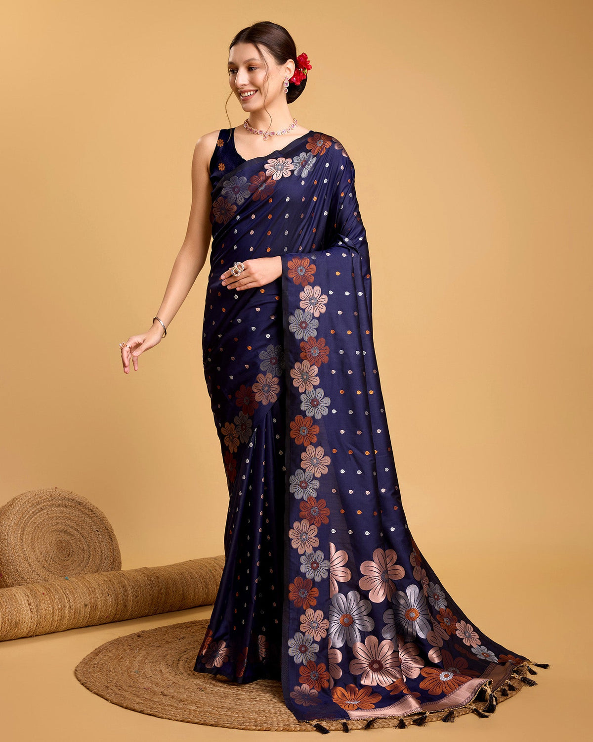 Vedant Vastram Soft Litchi Silk Banarasi Silk Saree - Navy | Grocsy