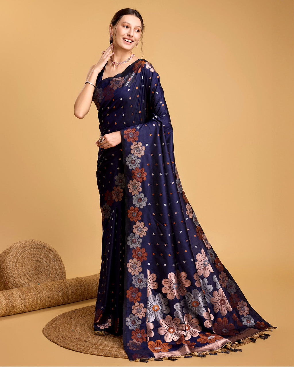Vedant Vastram Soft Litchi Silk Banarasi Silk Saree - Navy | Grocsy