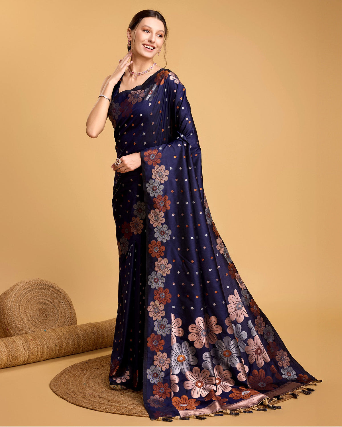 Vedant Vastram Soft Litchi Silk Banarasi Silk Saree - Navy | Grocsy