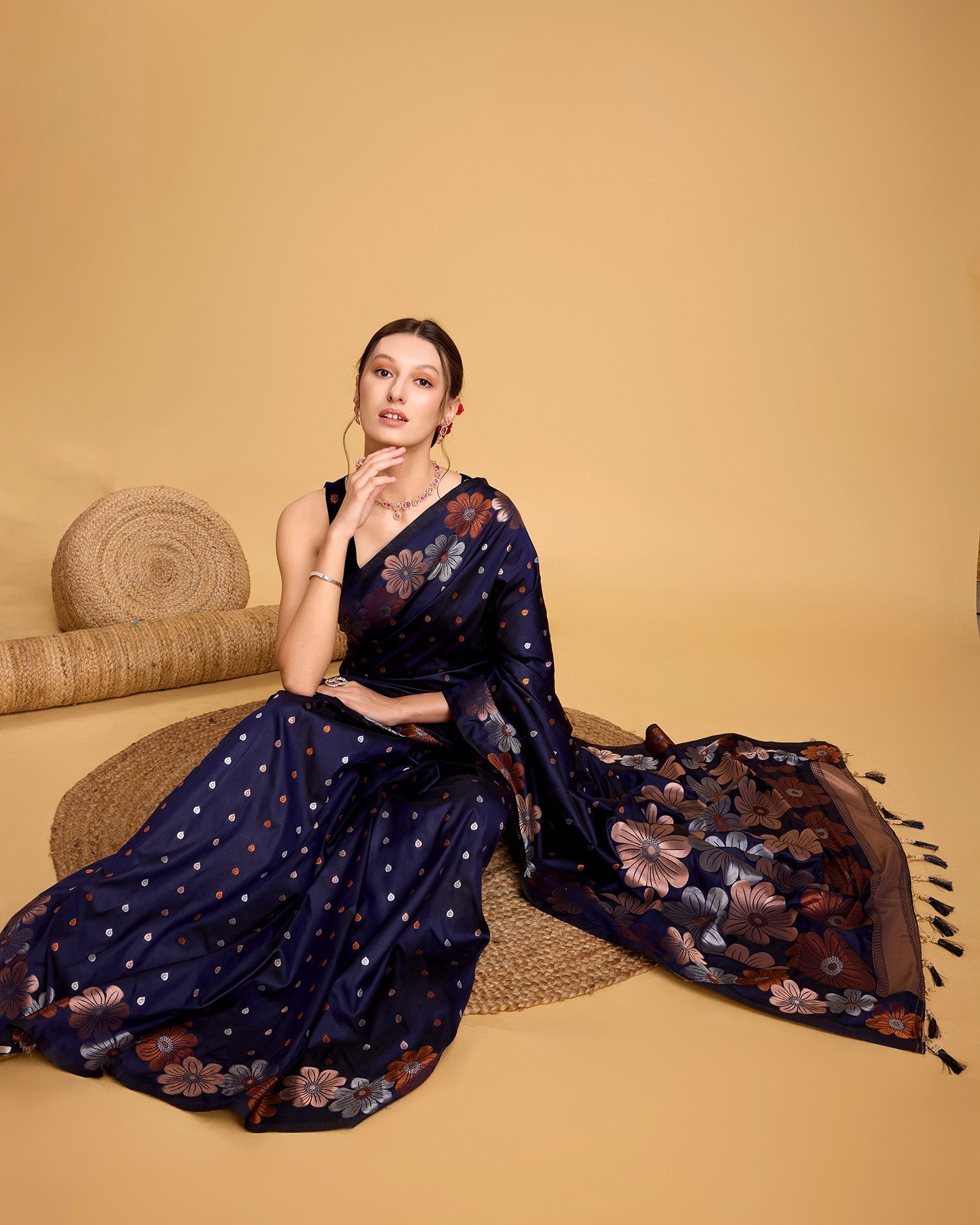 Vedant Vastram Soft Litchi Silk Banarasi Silk Saree - Navy | Grocsy