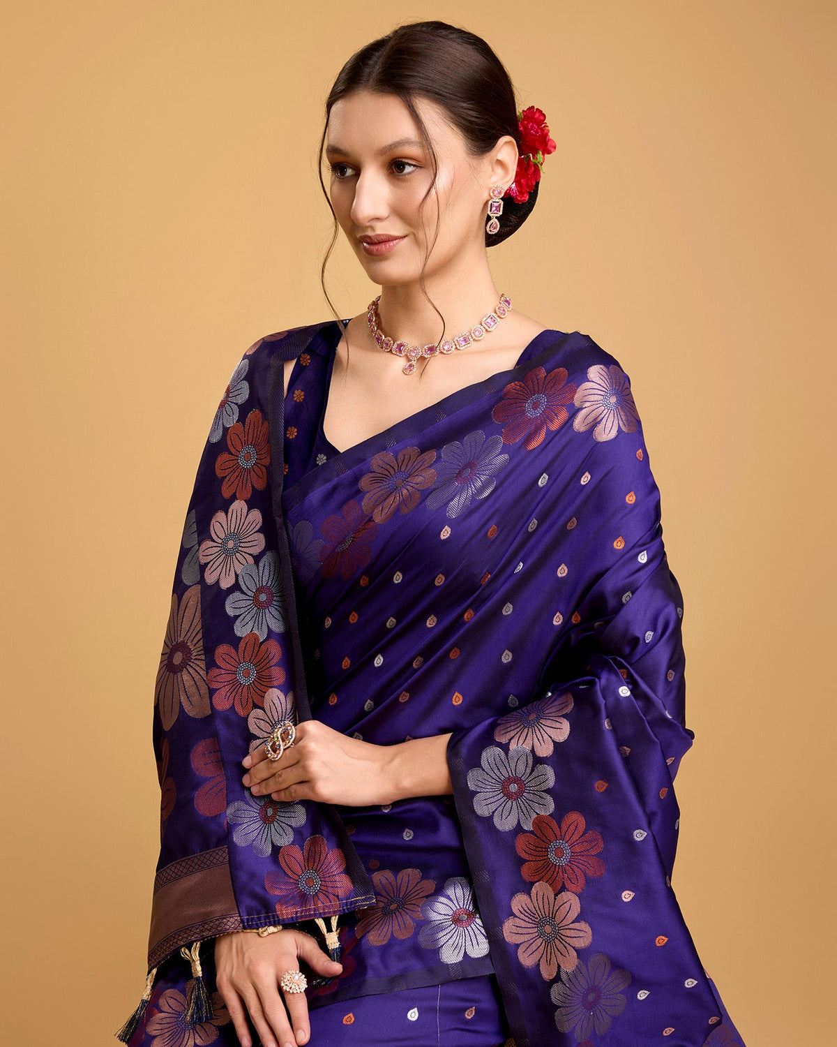 Vedant Vastram Soft Litchi Silk Banarasi Silk Saree - Violet | Grocsy