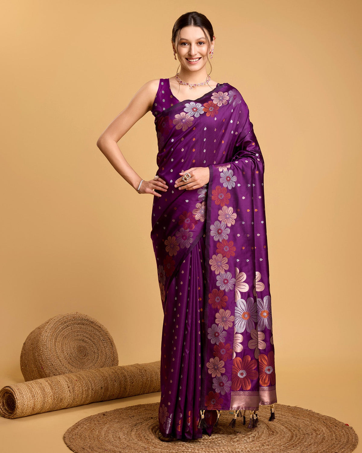 Vedant Vastram Soft Litchi Silk Banarasi Silk Saree - Wine | Grocsy