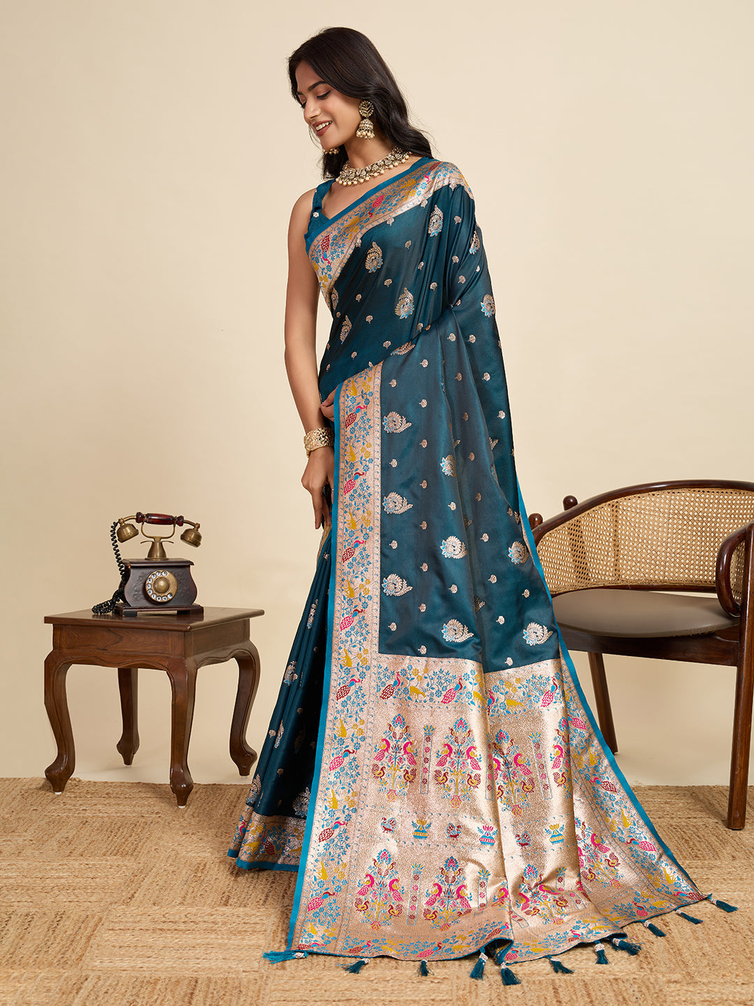 Vedant Vastram Soft Litchi Silk Paithani Jacquard Saree - Firozi | Grocsy