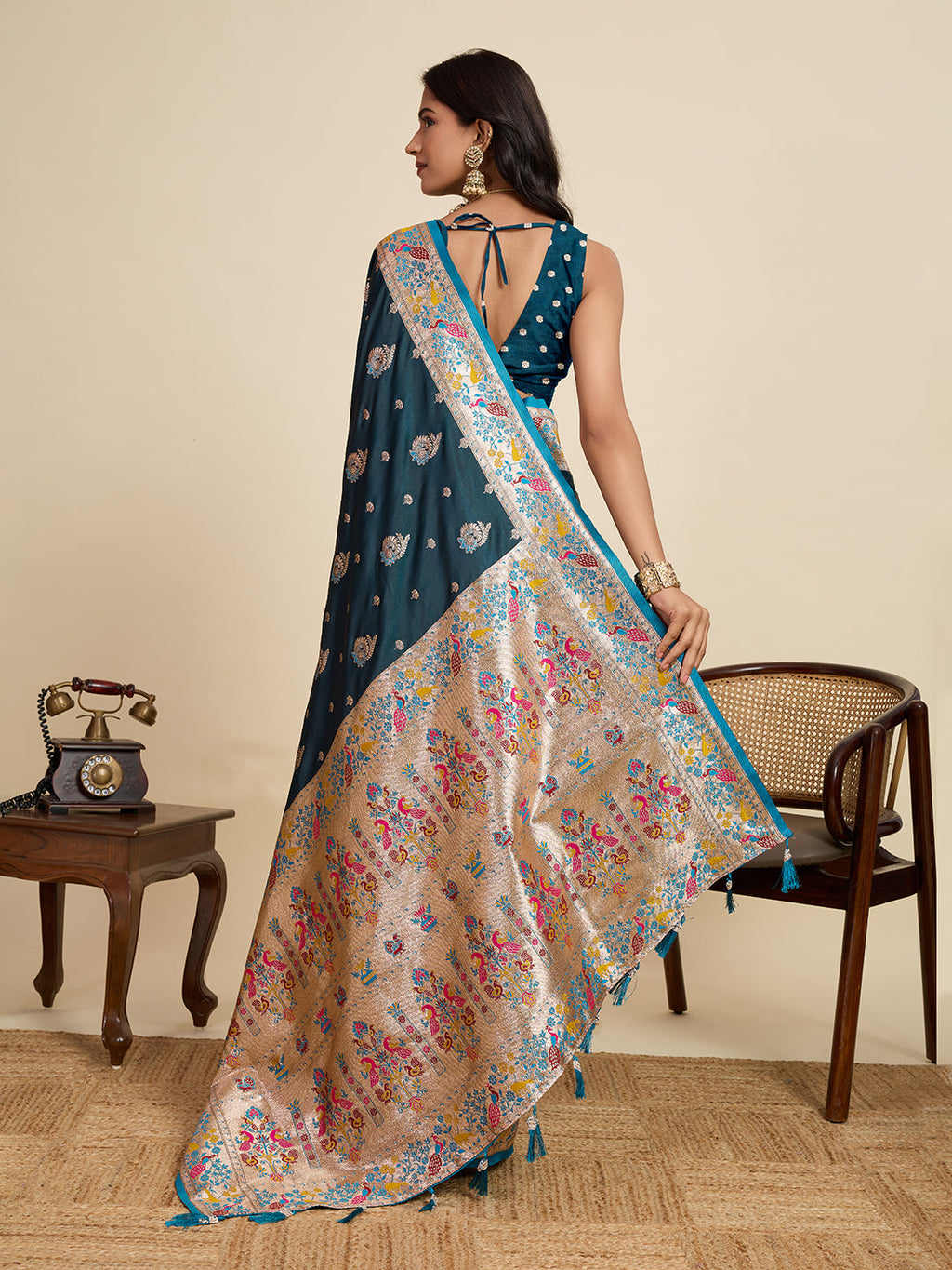 Vedant Vastram Soft Litchi Silk Paithani Jacquard Saree - Firozi | Grocsy