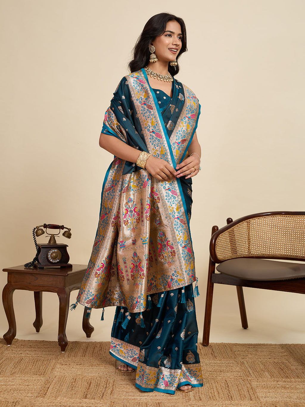 Vedant Vastram Soft Litchi Silk Paithani Jacquard Saree - Firozi | Grocsy