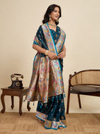 Vedant Vastram Soft Litchi Silk Paithani Jacquard Saree - Firozi | Grocsy