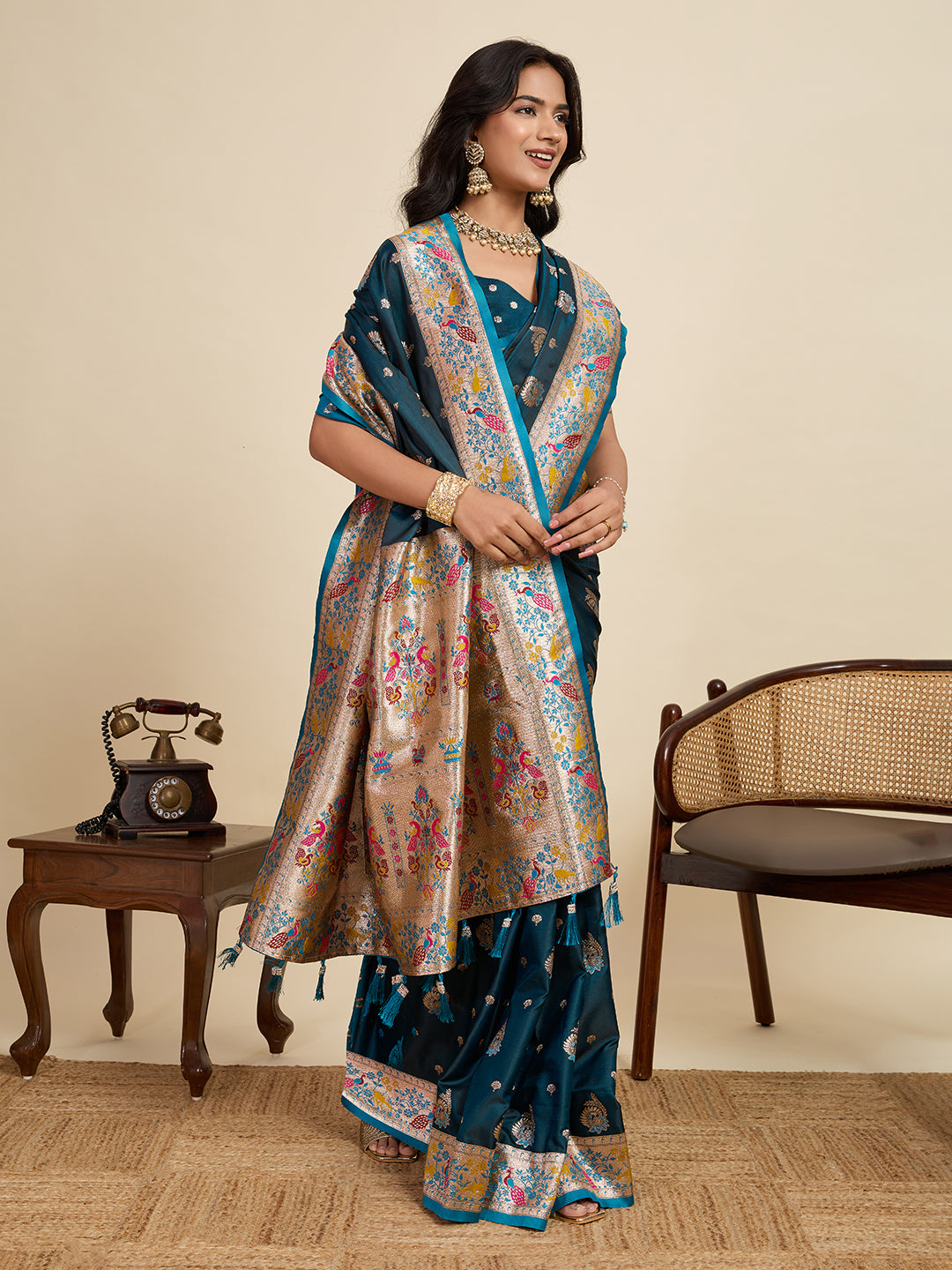 Vedant Vastram Soft Litchi Silk Paithani Jacquard Saree - Firozi | Grocsy