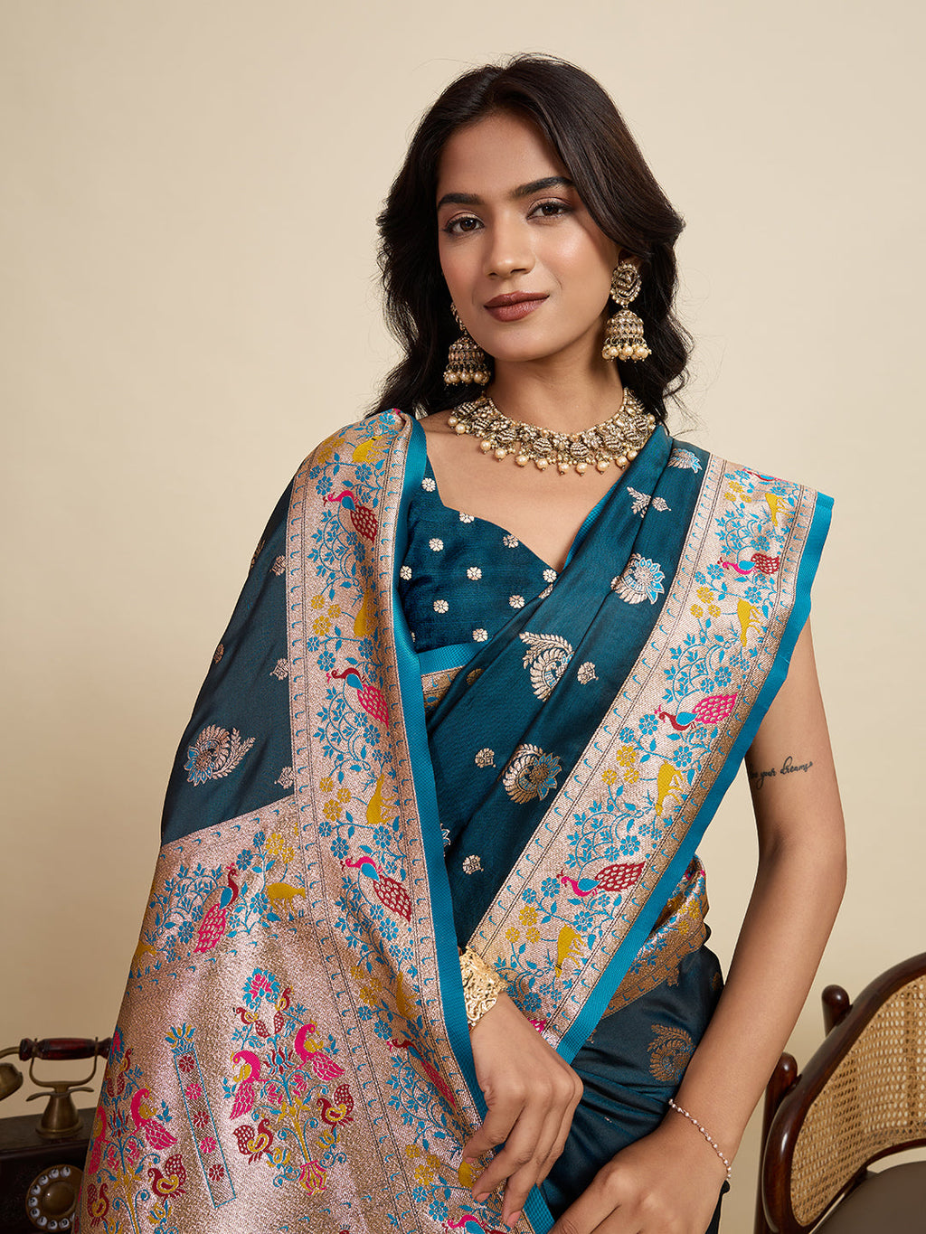 Vedant Vastram Soft Litchi Silk Paithani Jacquard Saree - Firozi | Grocsy