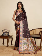 Vedant Vastram Soft Litchi Silk Paithani Jacquard Saree - Maroon | Grocsy