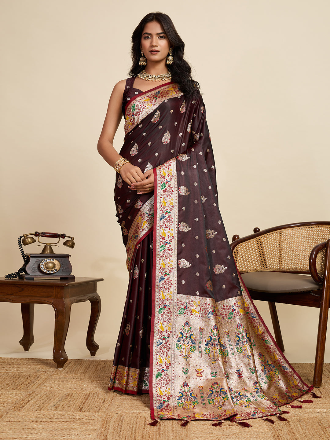Vedant Vastram Soft Litchi Silk Paithani Jacquard Saree - Maroon | Grocsy