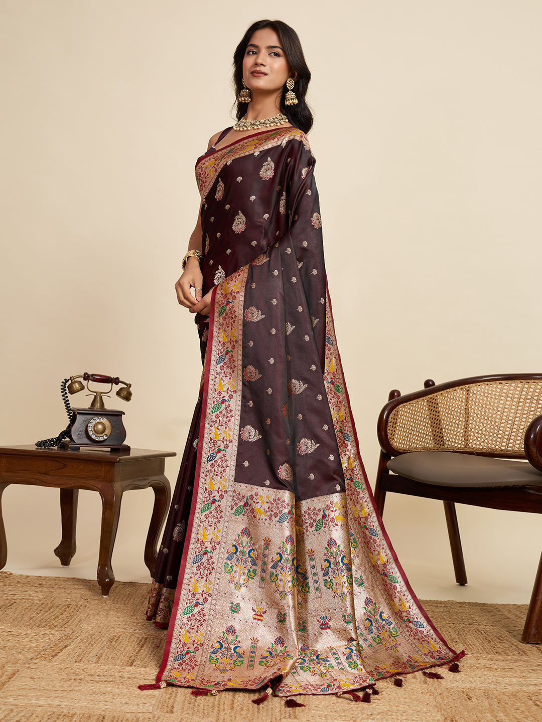 Vedant Vastram Soft Litchi Silk Paithani Jacquard Saree - Maroon | Grocsy