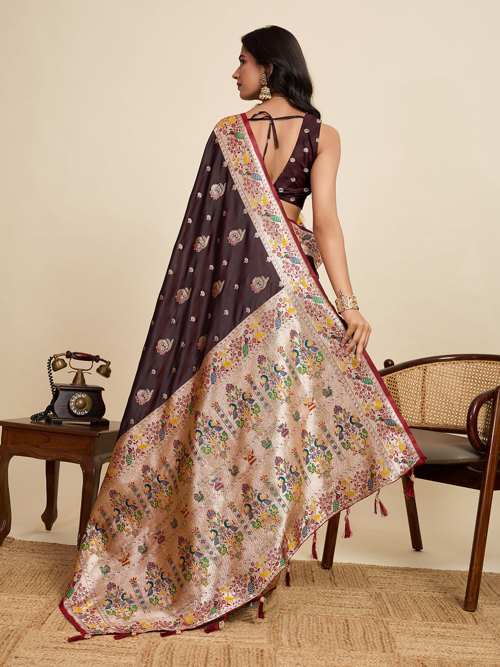 Vedant Vastram Soft Litchi Silk Paithani Jacquard Saree - Maroon | Grocsy