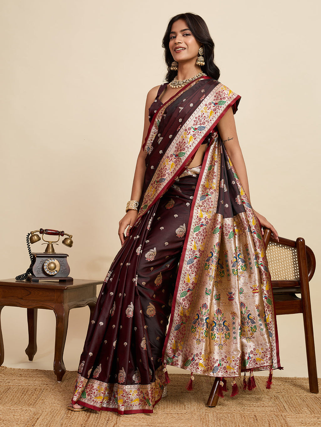 Vedant Vastram Soft Litchi Silk Paithani Jacquard Saree - Maroon | Grocsy