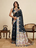 Vedant Vastram Soft Litchi Silk Paithani Jacquard Saree - Navy Blue | Grocsy