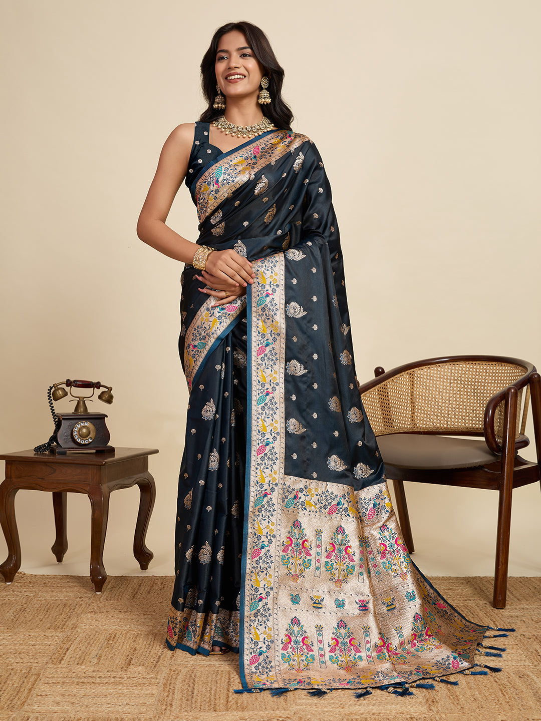 Vedant Vastram Soft Litchi Silk Paithani Jacquard Saree - Navy Blue | Grocsy