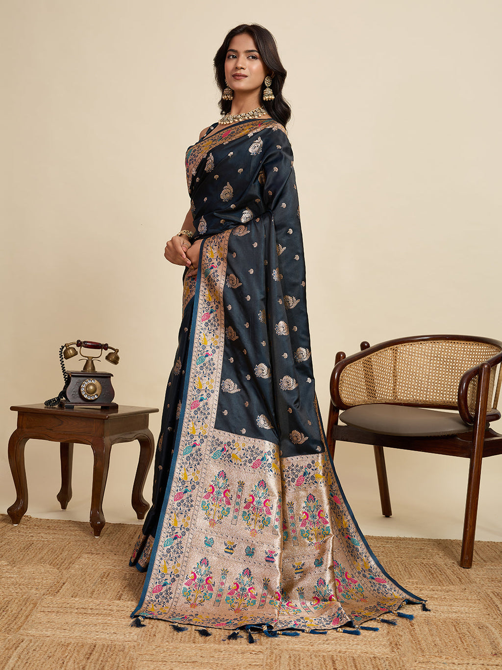 Vedant Vastram Soft Litchi Silk Paithani Jacquard Saree - Navy Blue | Grocsy
