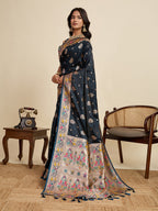 Vedant Vastram Soft Litchi Silk Paithani Jacquard Saree - Navy Blue | Grocsy