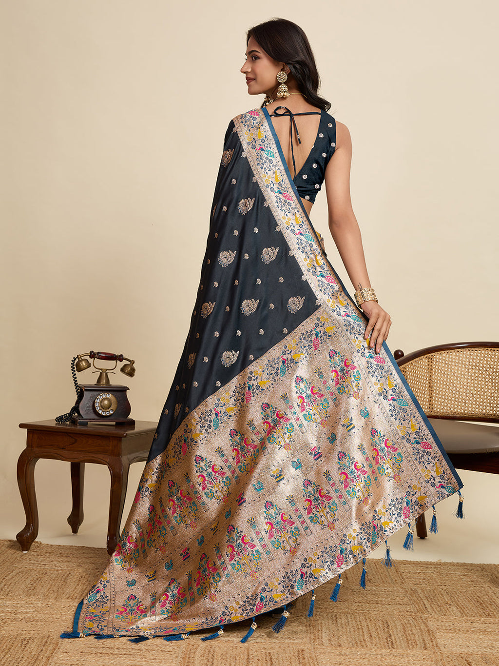 Vedant Vastram Soft Litchi Silk Paithani Jacquard Saree - Navy Blue | Grocsy