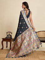 Vedant Vastram Soft Litchi Silk Paithani Jacquard Saree - Navy Blue | Grocsy